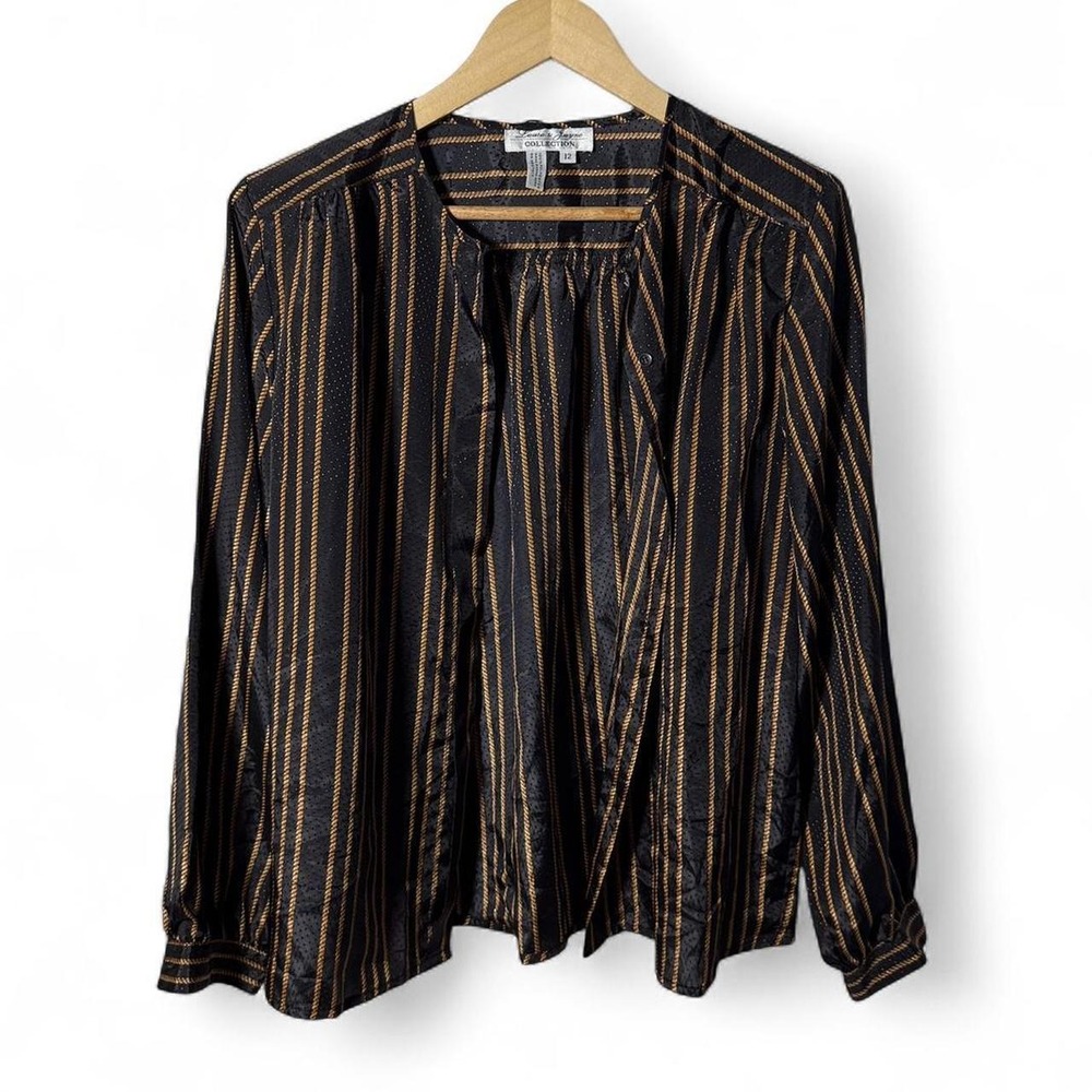 Laura & Jayne Collection Vintage Black Gold Rope Stripe Button Down Blouse 12